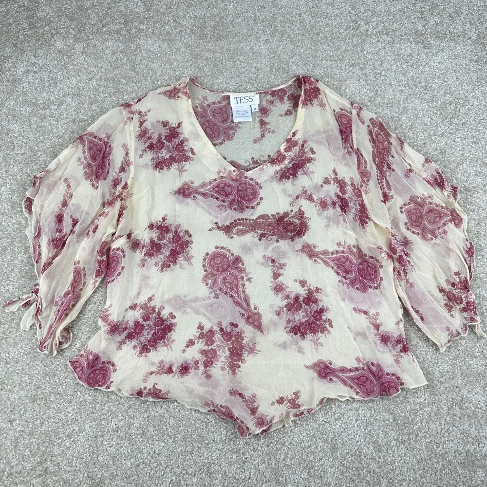 TESS 100% Silk Paisley Beaded V-Neck Blouse Size 14 Sheer Boho Y2K Fairy